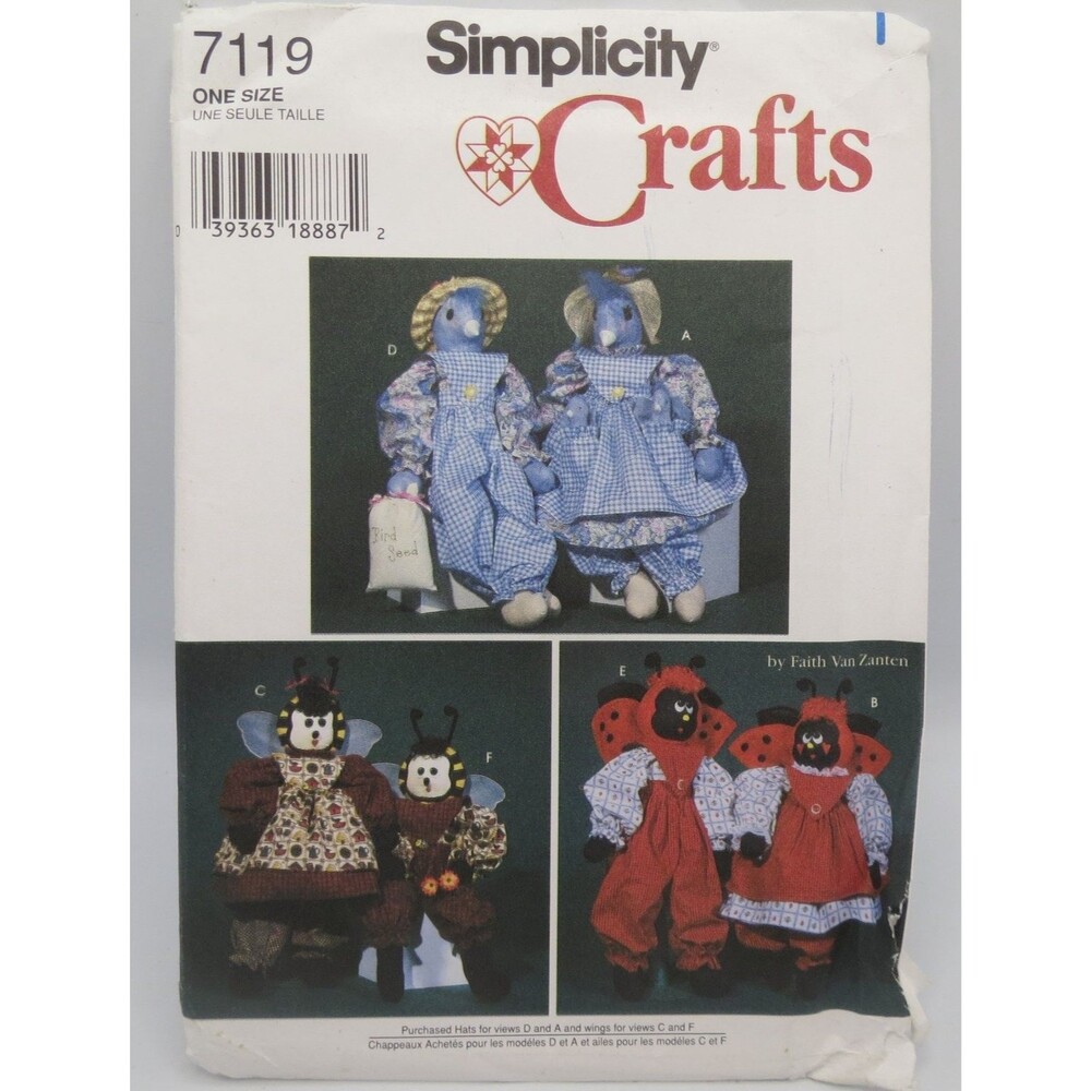 Simplicity 7119 Crafts Stuffed Animals Bluebird Ladybug Bee ONE SIZE 90s Vintage